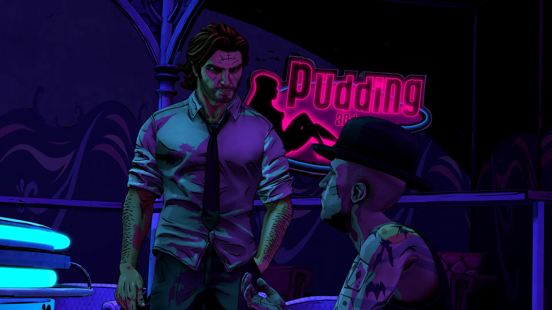 Bigby Wolf in a white shirt and loose tie standing in a neon-lit club under a pink sign reading Pudding, facing a man in a bowler hat.