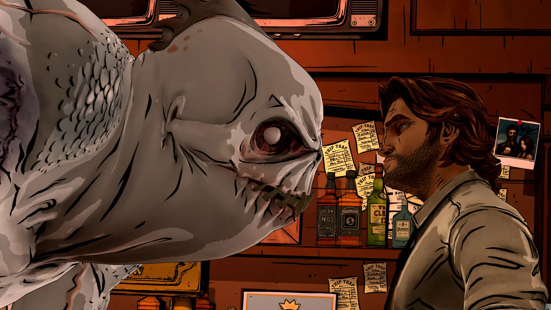 Colour screenshot of a large, pale, monstrous face looming at the left while Bigby Wolf stands behind a cluttered bar on the right.