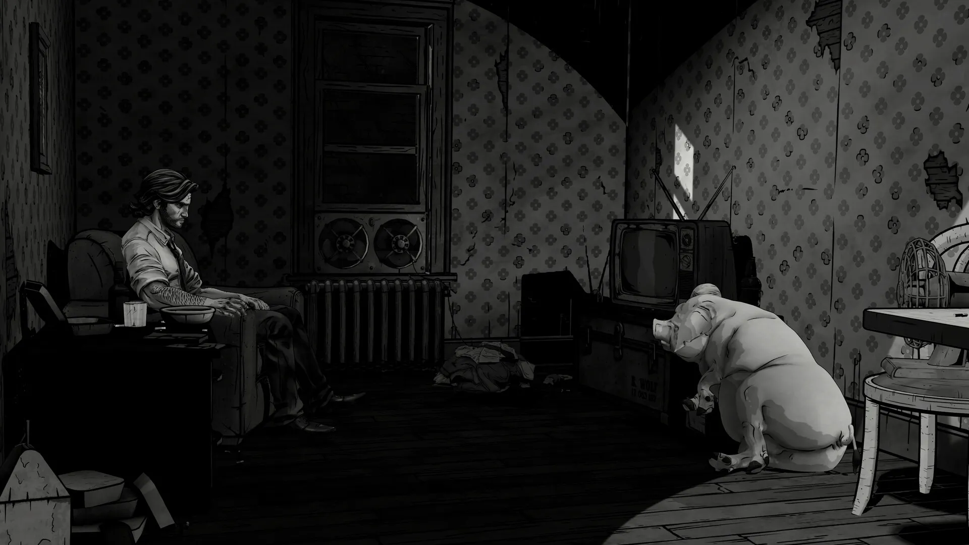 Black-and-white Noir Mode screenshot of a shabby apartment, with a man slumped in an armchair and a large pig sitting on the floor near a window.