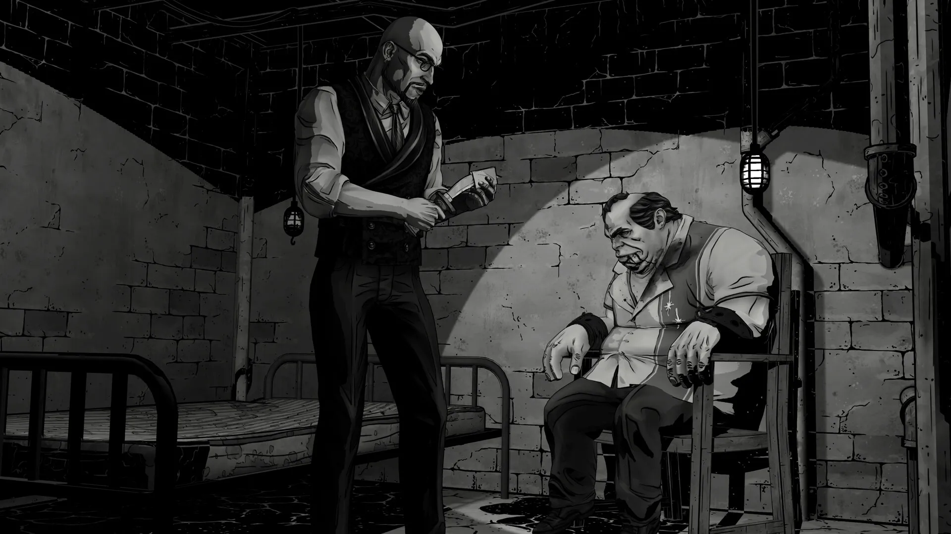 Black-and-white Noir Mode screenshot of a tall man standing over a seated, bound figure in a bare brick room lit by a single lamp.